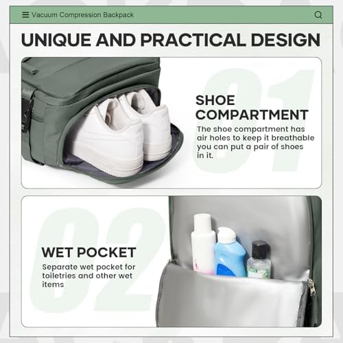 Vacuum Travel Backpack with Pump for Women Men Carry on Backpack Luggage Flight Approved Personal item Travel Bag Essentials With Wet and Dry Separation Bag - Image 9