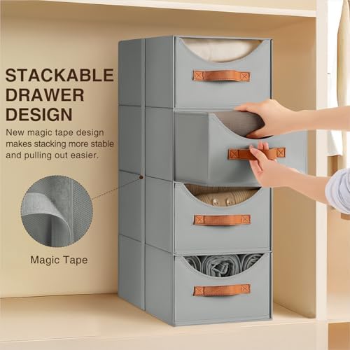 Stackable Storage Drawers - Collapsible Storage Bins with Drawers, 4 Pack Closet Shelf Organizer Basket, Fabric Pull Out Organizer for Bedroom, Living Room, Dorm, Grey - Image 2