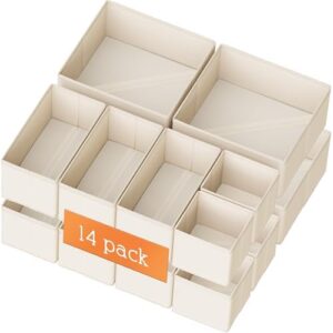 Criusia Drawer Organizer Clothes, 14 Pack Dresser Organizer for Baby Clothes, Underwear, Sock- Foldable Closet Organization and Storage Dividers Bins for Nursery, Bedroom and Dorm (Beige)
