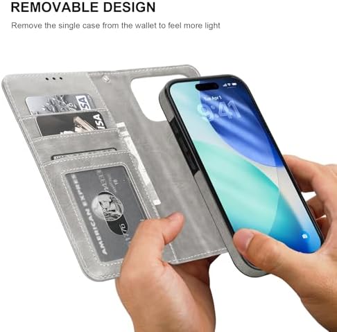 Bocasal for iPhone 17 Pro Wallet Case Compatible with MagSafe Wireless Charging, RFID Blocking Magnetic Leather Case with Card Slots Holder Kickstand Detachable Wrist Strap 6.3 Inch (Grey) - Image 3