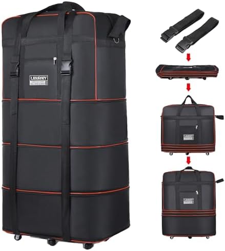 Expandable Large Capacity Travel Bag Oxford Cloth Duffel Bag with Wheels Lightweight Waterproof Travel Foldable Suitcase(Black)