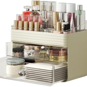 LAMU Makeup Organizer Countertop with Extra Large Drawer, Bathroom Organizers and Storage for Dresser, Vanity, No Install, Ideal for Large Skincare, Perfume, Present, and Women, Dual-Tone color