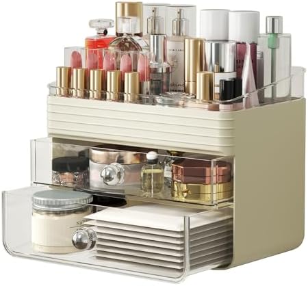 LAMU Makeup Organizer Countertop with Extra Large Drawer, Bathroom Organizers and Storage for Dresser, Vanity, No Install, Ideal for Large Skincare, Perfume, Present, and Women, Dual-Tone color