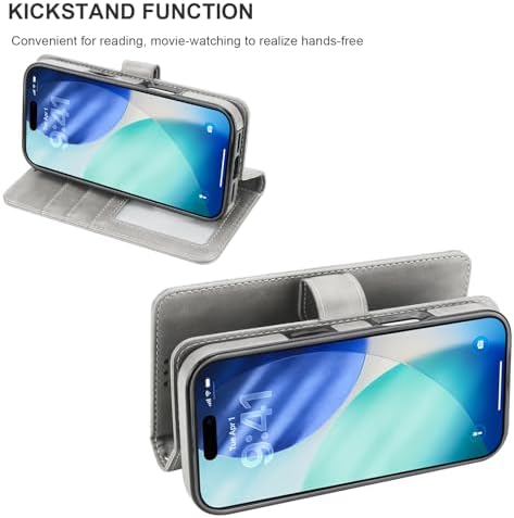 Bocasal for iPhone 17 Pro Wallet Case Compatible with MagSafe Wireless Charging, RFID Blocking Magnetic Leather Case with Card Slots Holder Kickstand Detachable Wrist Strap 6.3 Inch (Grey) - Image 7