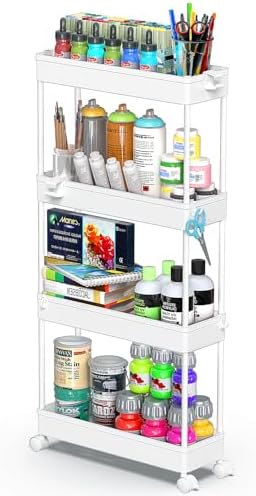 SPACEKEEPER Slim Rolling Storage Cart 4 Tier Bathroom Organizer Mobile Shelving Unit Utility Cart Tower Rack for Kitchen Laundry Narrow Places, White