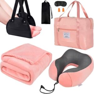 Travel Pillow and Blanket Set & Foot Rest, Memory Foam Neck Pillow Airplane Blanket & Airplane Foot Hammock & Foldable Duffel Bag, Eye Mask & Earplugs, Portable Travel Accessories Essentials, Pink