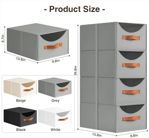 Stackable Storage Drawers - Collapsible Storage Bins with Drawers, 4 Pack Closet Shelf Organizer Basket, Fabric Pull Out Organizer for Bedroom, Living Room, Dorm, Grey - Image 6