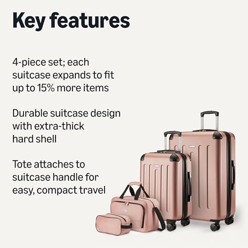 Amazon Basics 4-Piece Luggage Set, Including Two Hardside Suitcases With Multidirectional Spinner Wheels (22" CarryOn and 28" Checked), Plus 15-inch Tote Bag and 10-inch Compact Travel Bag, Rose Gold - Image 2