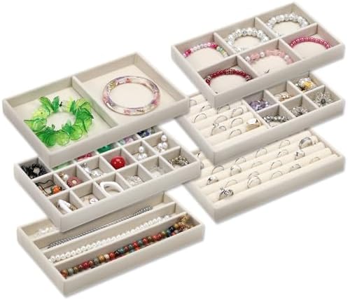 6 Set of Jewelry Drawer Organizer, Stackable Jewelry Organizer Drawer Inserts Container Display Case Storage for Earring Necklace Rings Bracelet with Removable Dividers,Apricot