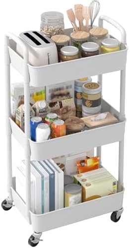 Sywhitta 3-Tier Plastic Rolling Utility Cart with Handle, Multi-Functional Storage Trolley for Office, Living Room, Kitchen, Movable Storage Organizer with Wheels, White - Image 9