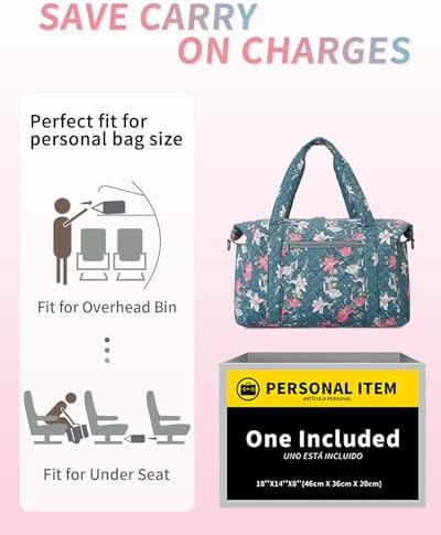 Ceneda Travel Duffle Bag - Quilted Weekender Overnight Bags For Women with Wet Pocket & Shoe Bag, Fits Airline Approved Personal Item Size (Blue Flower) - Image 2