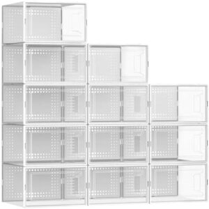 12 Pack Large Shoe Organizer Storage Boxes for Closet, Modular Space Saving Shoe Boxes Clear Plastic Stackable Sneaker Containers Display Case with Lid, Pearl White
