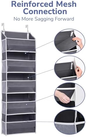 ULG 1 Pack Over Door Organizer with 5 Large Pockets 10 Mesh Side Pockets, 44 lbs Weight Capacity Hanging Storage Organizer with Clear Window Kids Toys, Shoes, Diapers, Dark Grey, 5 Layers - Image 8