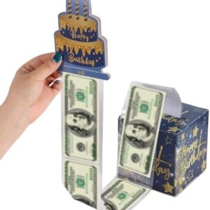 lasuroa Happy Birthday Money Pull Box, Cash Gift Box with Pull-Out Card Fun Money Holder for Birthdays Parties Includes 100pcs Transparent Bags Number Stickers for Boys & Girls (Blue)