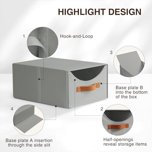 Stackable Storage Drawers - Collapsible Storage Bins with Drawers, 4 Pack Closet Shelf Organizer Basket, Fabric Pull Out Organizer for Bedroom, Living Room, Dorm, Grey - Image 4