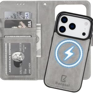 Bocasal for iPhone 17 Pro Wallet Case Compatible with MagSafe Wireless Charging, RFID Blocking Magnetic Leather Case with Card Slots Holder Kickstand Detachable Wrist Strap 6.3 Inch (Grey)