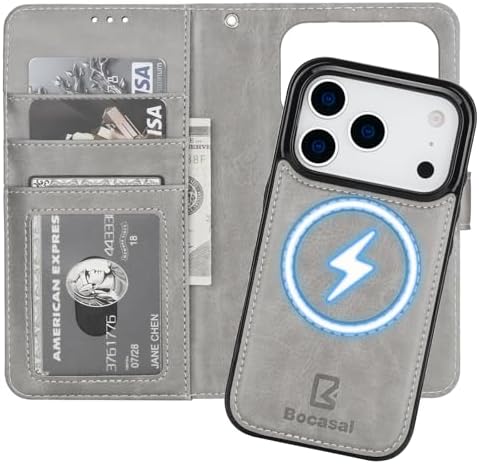 Bocasal for iPhone 17 Pro Wallet Case Compatible with MagSafe Wireless Charging, RFID Blocking Magnetic Leather Case with Card Slots Holder Kickstand Detachable Wrist Strap 6.3 Inch (Grey)