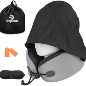Neck Pillow for Travel - Hooded Memory Foam Plane Pillow for Airplane, Office, Cars Sleeping, Long Flight Must Haves, Portable Road Trip Essentials for Adults Gray