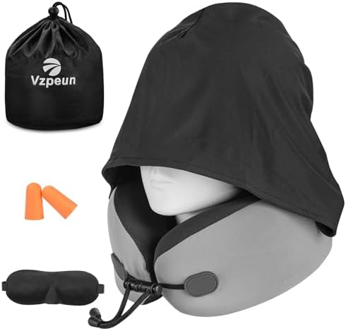 Neck Pillow for Travel - Hooded Memory Foam Plane Pillow for Airplane, Office, Cars Sleeping, Long Flight Must Haves, Portable Road Trip Essentials for Adults Gray