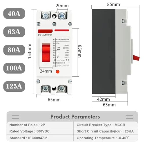 1pcs DC 250V 500V DC Solar Molded Case Circuit Breaker MCCB Overload Protection Switch Protector for Solar Photovoltaic PV 100A 125A(2P,125A) - Image 2