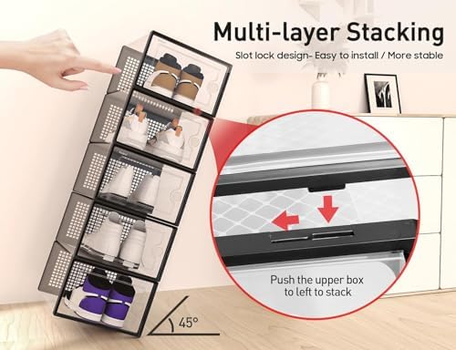 Kuject X-Large Shoe Storage Boxes Organizers Clear Plastic Stackable 12 Pack, Shoe Rack & Holder Substitute, Sneaker Containers, Toy Storage Organizer Bins for Entryway, Closet, Under Bed, Black - Image 5