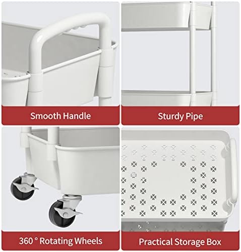 Sywhitta 3-Tier Plastic Rolling Utility Cart with Handle, Multi-Functional Storage Trolley for Office, Living Room, Kitchen, Movable Storage Organizer with Wheels, White - Image 6