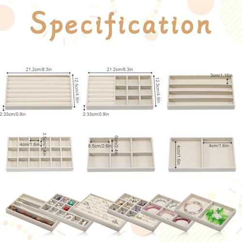 6 Set of Jewelry Drawer Organizer, Stackable Jewelry Organizer Drawer Inserts Container Display Case Storage for Earring Necklace Rings Bracelet with Removable Dividers,Apricot - Image 5
