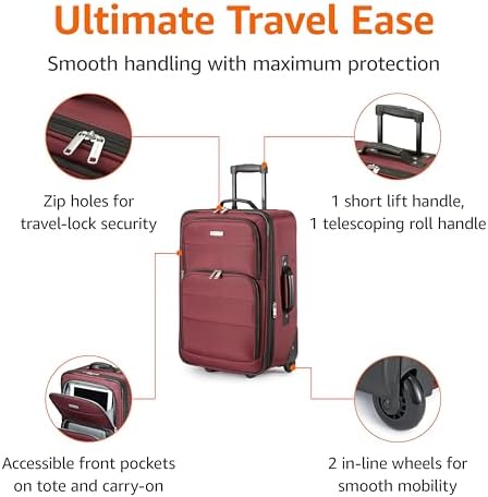 Amazon Basics Luggage Sets, Carry-On 23-Inch, tote 15-Inch, Suitcase With Wheels, Expandable Extra Space (+15%), Front Pockets and Telescopic Handle, Burgundy - Image 3