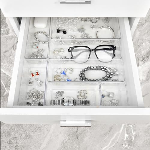 Drawer Organizers Set of 15, 4 Sizes Clear Plastic Drawer Organizers and Storage Bins for Kitchen, Bathroom, Office, Dresser Desk Drawer Organizer Tray for Jewelry, Makeup, Junk, Gadgets - Image 5