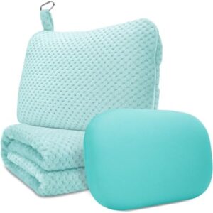 Travel Pillow Blanket Set-3 in 1 Travel Pillow Memory Foam, Soft Travel Blanket Airplane Compact with Bag, Inner Pillowcase, Hand Luggage Belts and Backpack Clip, for Plane Car, Blue Green