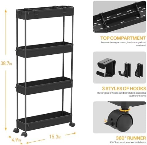SPACELEAD Slim Storage Cart 4 Tier,Bathroom Organizer Rolling Utility,Mobile Shelving Unit Slide Out for Office, Kitchen, Laundry Room & Narrow Places,Black - Image 4