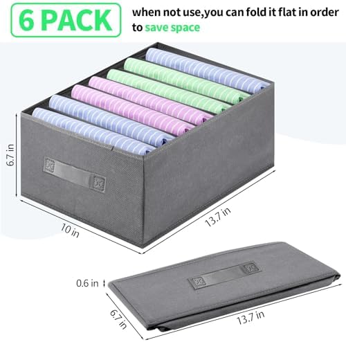 Jeans Organizer for Closet, Foldable Wardrobe Clothes Organizer with Handle, Stackable Closet Clothes Drawer Organizer Tshirts with 7 Grids for Leggings, Sweater, Jean, Pants, Grey (6 PACK) - Image 2