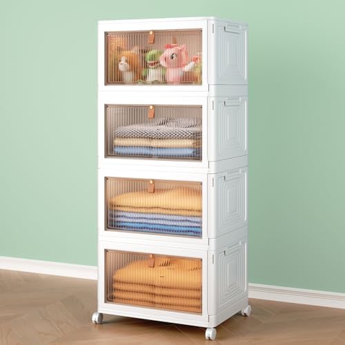 4 Tier Storage Bins with Lids, 23QT Stackable Closet Organizers and Storage with Wheels, Collapsible Storage Boxes, Foldable Plastic Storage Containers for Home,Office, Dorm Room-White