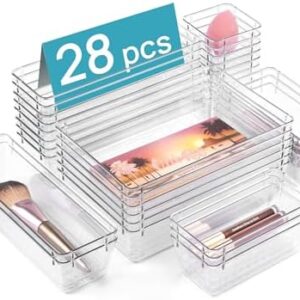 Vtopmart 28 PCS Clear Plastic Drawer Organizers Set, 4-Size Bathroom and Vanity Drawer Organizer Trays, Acrylic Storage Bins for Toiletries, Makeup, Cosmetic, Kitchen Utensils, Tool, Gadgets