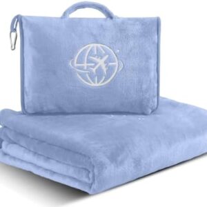 2-in-1 Travel Blanket and Pillow – Lightweight, Compact, Ultra Soft, Machine Washable – Handle, Luggage Sleeve, Backpack Clip – for Travel Airplane, Car, Office (Light Blue)