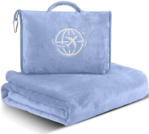 2-in-1 Travel Blanket and Pillow – Lightweight, Compact, Ultra Soft, Machine Washable – Handle, Luggage Sleeve, Backpack Clip – for Travel Airplane, Car, Office (Light Blue)