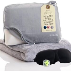 Travel Pillow and Blanket Set - 4-in-1 Ultimate Travel Kit with Memory Foam Pillow, Travel Blanket, Sleep Mask, and Earplugs-Ultimate Comfort and Coziness for Your Journeys - Grey