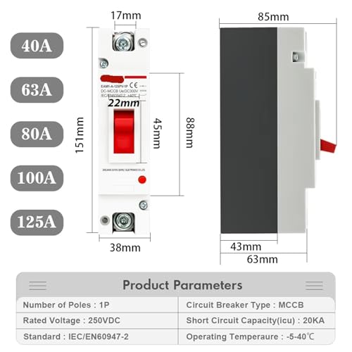 1pcs DC 250V 500V DC Solar Molded Case Circuit Breaker MCCB Overload Protection Switch Protector for Solar Photovoltaic PV 100A 125A(2P,125A) - Image 3