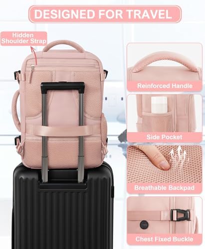 Beraliy Travel Backpack for Women Airline Approved Carry On Backpack, 16 Inch Business Work Backpack with Laptop Compartment, Airplane Personal Item Travel Bags for Trip, Underseat Weekend Bag, Pink - Image 6