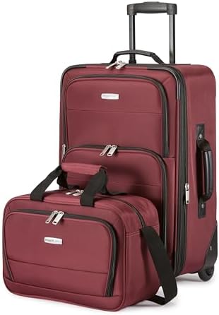Amazon Basics Luggage Sets, Carry-On 23-Inch, tote 15-Inch, Suitcase With Wheels, Expandable Extra Space (+15%), Front Pockets and Telescopic Handle, Burgundy