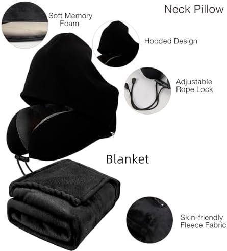 Travel Blanket Pillow Set - Travel Neck Pillow & Blanket for Airplane, Thick Fleece Plane Blankets, Hooded Memory Foam Neck Pillows, Foldable Duffel Bag, Sleep Mask, Earplugs for Plane Traveling - Image 4