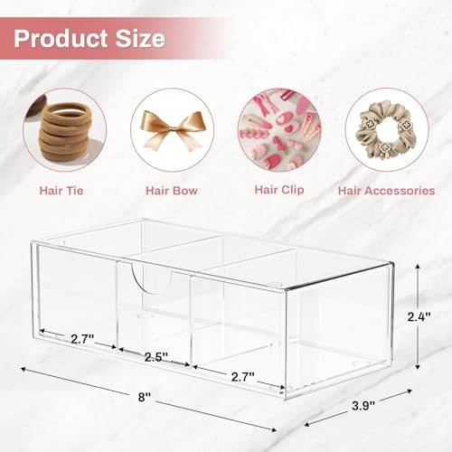 Hair Accessories Organizer for Girls, Clear Acrylic Hair Bow Tie Clip Scrunchie Holder with Divider, Cute Small Stackable Storage Drawer Container Caddy Box for Bathroom Vanity Countertop - Image 3
