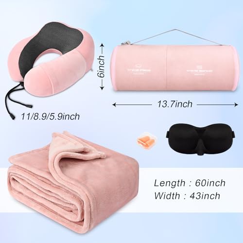 Travel Pillow and Blanket Set Neck Pillows Travel Essentials with Sleep Mask for Airplane Car Memory Foam Pink - Image 3