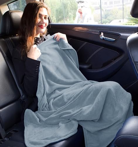 BlueHills Premium Soft Plush Travel Blanket Pillow for Airplane Traveling Essentials in a Bag Flight Throw with Hand Luggage Belt Backpack Clip Compact Portable Plane Accessories Grayish Blue - T026 - Image 4