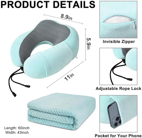 Travel Pillow and Blanket Set Neck Pillow Airplane Memory Foam for Traveling Compact with Bag Blue Green - Image 4