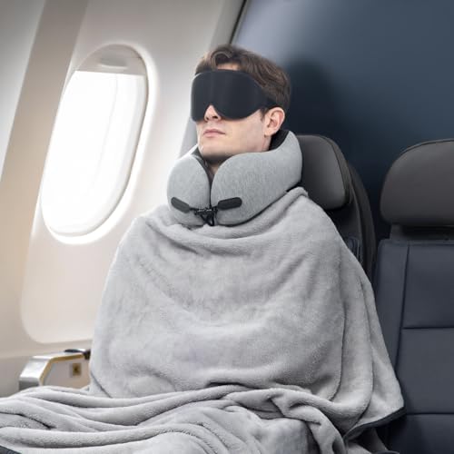 Neck Pillow and Blanket Set for Travel Memory Foam Design Models Pillows with Eye Mask and 50% More Storage Bag Traveling Essentials Plane Car Flight Rest Sleeping Use Adult, Light Gray - Image 6