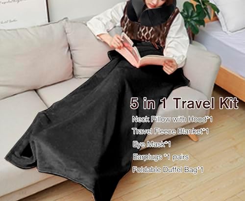 Travel Blanket Pillow Set - Travel Neck Pillow & Blanket for Airplane, Thick Fleece Plane Blankets, Hooded Memory Foam Neck Pillows, Foldable Duffel Bag, Sleep Mask, Earplugs for Plane Traveling - Image 3