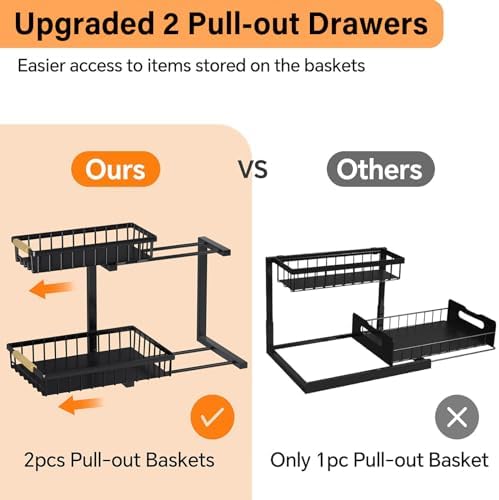 Miyawell Under Sink Organizer, 2 Pack 2 Tier Under Sink Organizers and Storage, Slide out Pull Out Cabinet Organizer Shelf, Metal Drawers Shelves for Kitchen Bathroom Closet Organization - Image 3