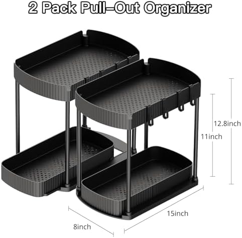 Multi-Purpose Pull-Out Storage Organizers, Under Sink/Cabinet Organizers and Storage for Bathroom & Kitchen, Black, 12.8 Inches, 2 Packs - Image 2