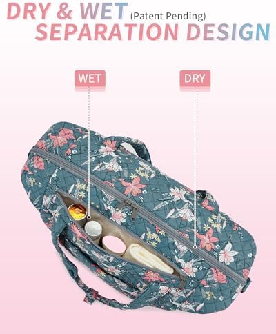 Ceneda Travel Duffle Bag - Quilted Weekender Overnight Bags For Women with Wet Pocket & Shoe Bag, Fits Airline Approved Personal Item Size (Blue Flower) - Image 3